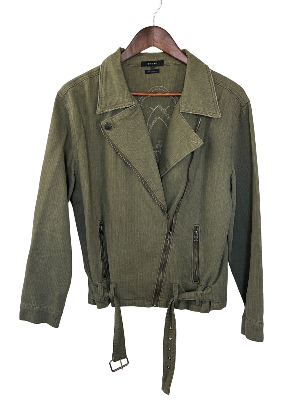 Miss Me Green Utility Jacket with Asymmetrical Zipper and Adjustable Waist
